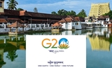 Le logo du G20 India sur fond de temple du Kerala