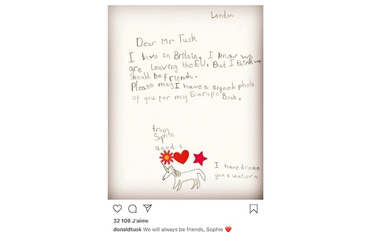  instagram Donald Tusk lettre petite fille britannique adieu Europe Brexit 