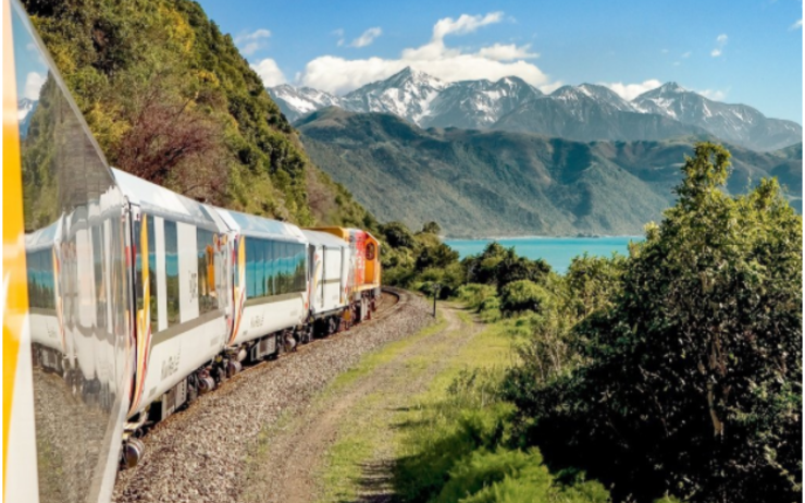 Train qui parcourt les paysages de Nouvelle-Zélande