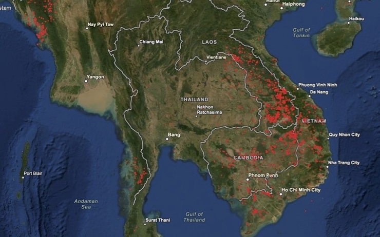 carte de la Thaïlande montrant les zones où des feux de forêt s'étaient déclenchés 