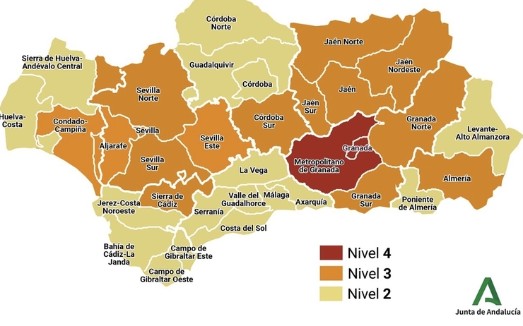 carte des taux d'infection par municipalités en Andalousie