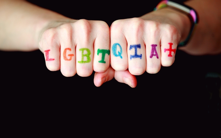 Une personne avec LGBTQIA+ dessiné sur ses doigts 