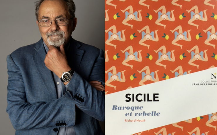 Richard Heuzé et la couverture de son livre Sicile Baroque et Rebelle