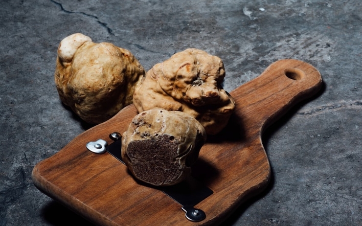 Des truffes italiennes posées sur une planche à découper