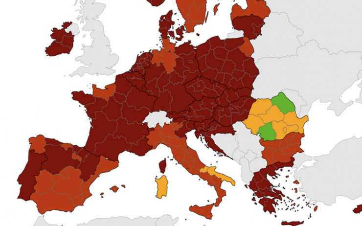 Photo carte Europe Roumanie en vert orange exception Covid 19