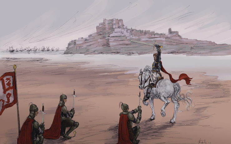 Un chevalier au bord de la mer autour de trois soldats agenouillés 