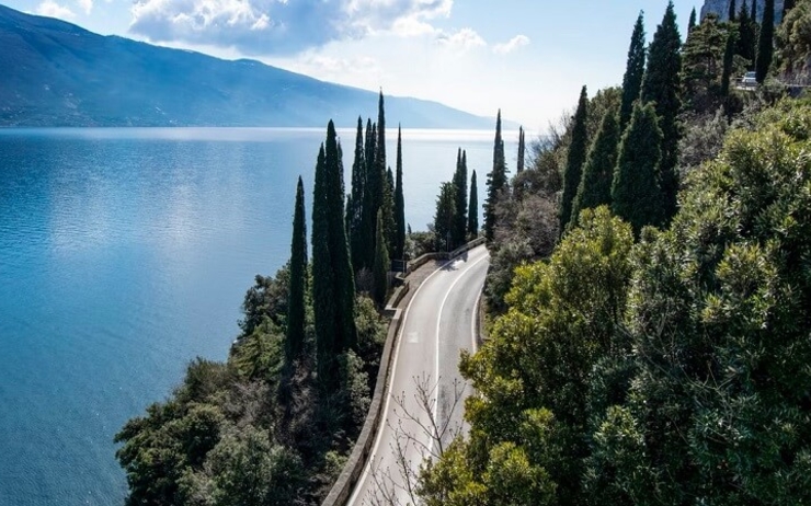route et arbres verts le long d'un lac en Italie