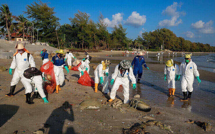 De nombreuses personnes nettoyant une plage en Thailande