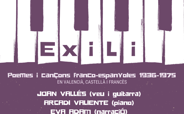 affiche en blanc et violet d'Exili, poèmes et chansons franco-espagnoles au Centre del Carme