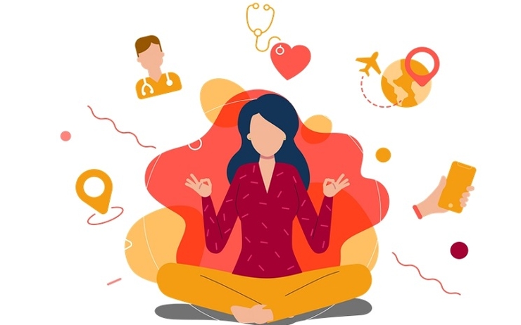 une jeune femme en position de méditation, entourée d'icônes relatifs à la santé