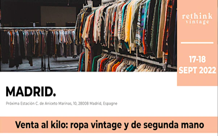 affiche du marché vintage à Madrid avec des vêtements vendus au poids