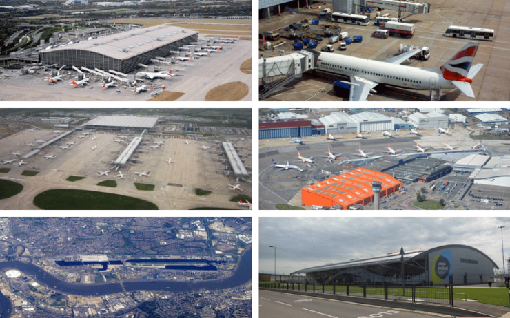 Les 6 aéroports majeurs de Londres : Heathrow, Gatwick, Stansted, Luton, Londres-City et Southend
