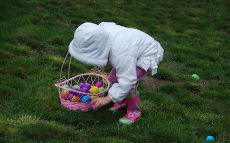 Un enfant va à la chasse aux oeufs de Pâques